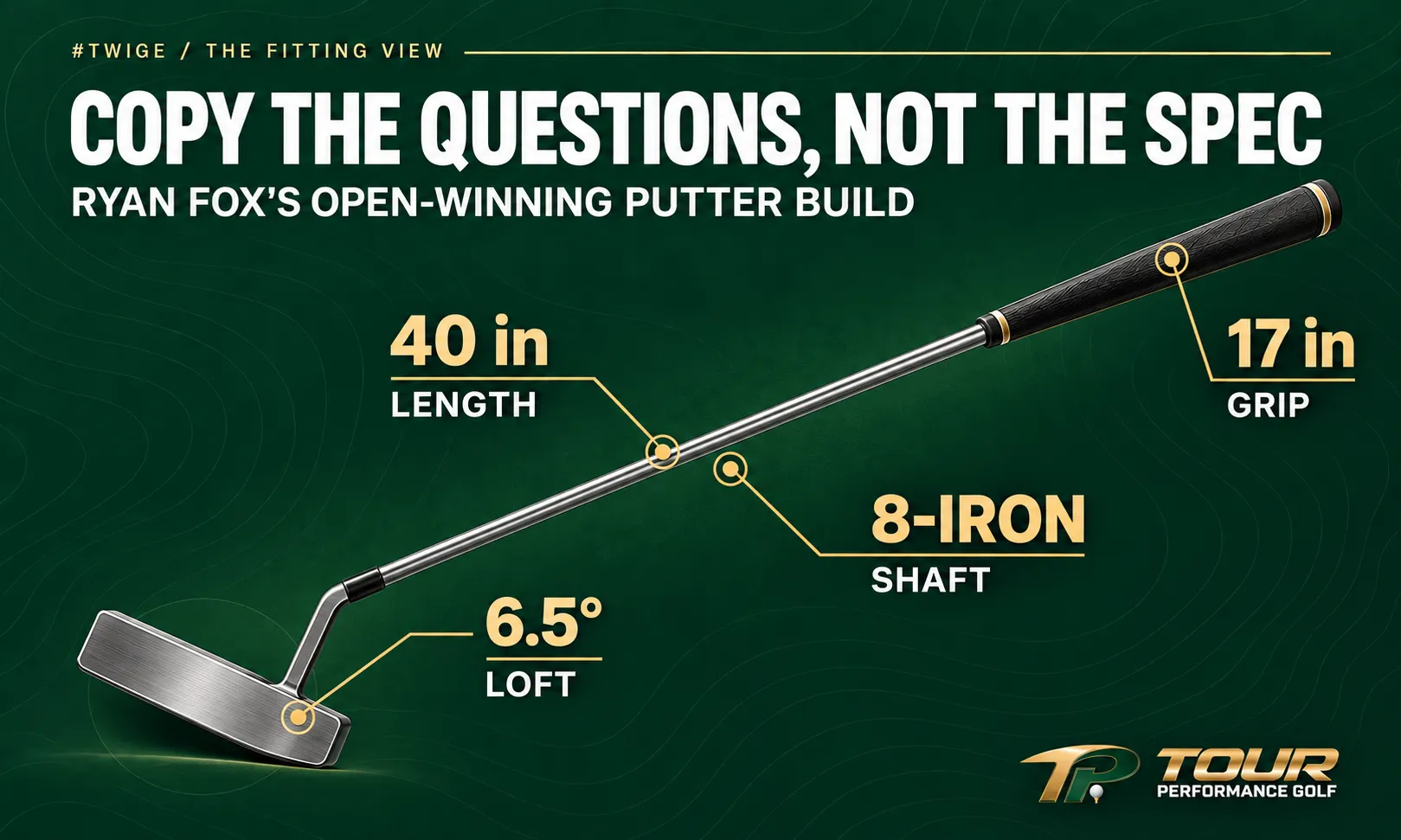 Ryan Fox’s reported putter build: 40-inch length, 6.5 degrees of loft, an 8-iron shaft and a 17-inch grip.